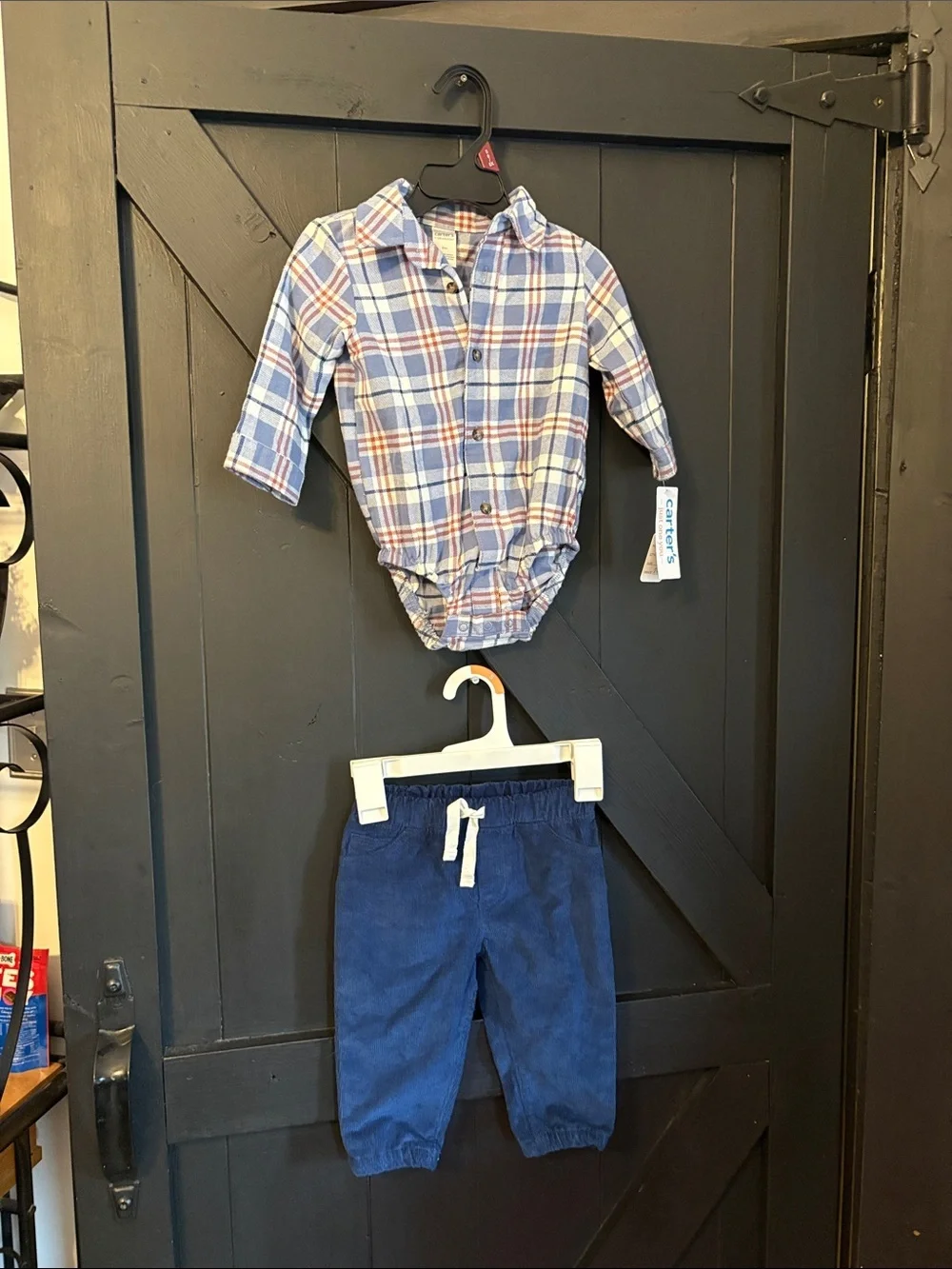 Carter's Blue and White Plaid Button-Up Bodysuit with Blue Pants - Picture 1 of 5